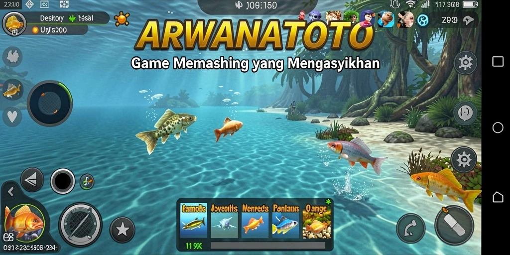 Tampilan gameplay menarik dari ARWANATOTO dengan berbagai lokasi memancing.
