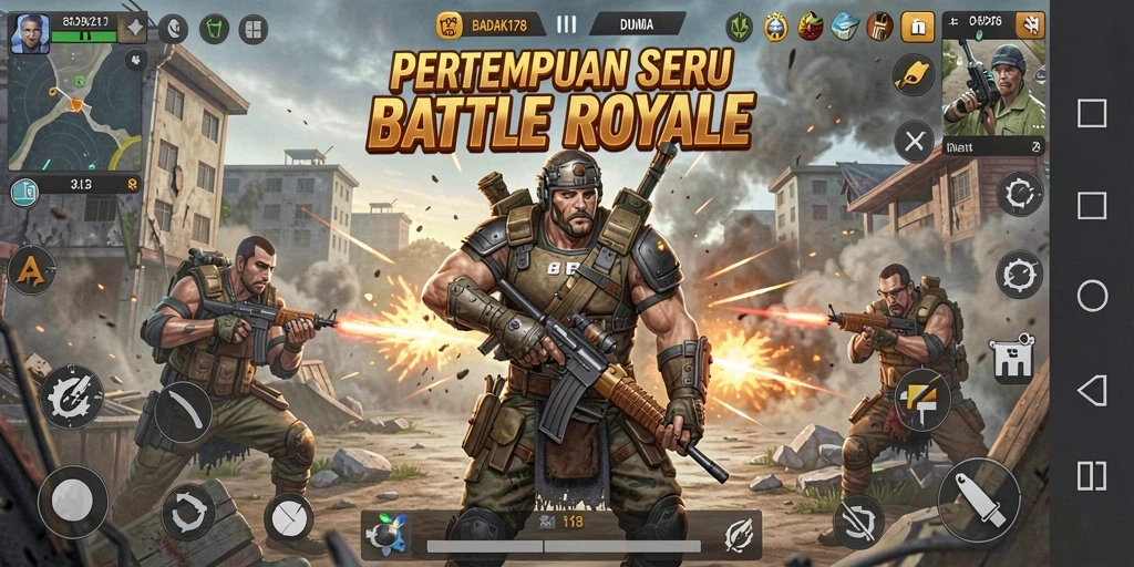 Tampilan gameplay BADAK178 menampilkan pertempuran seru di arena Battle Royale.