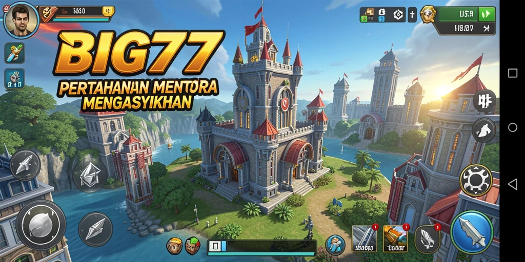 Tampilan gameplay BIG77 yang seru dengan menara dan musuh.