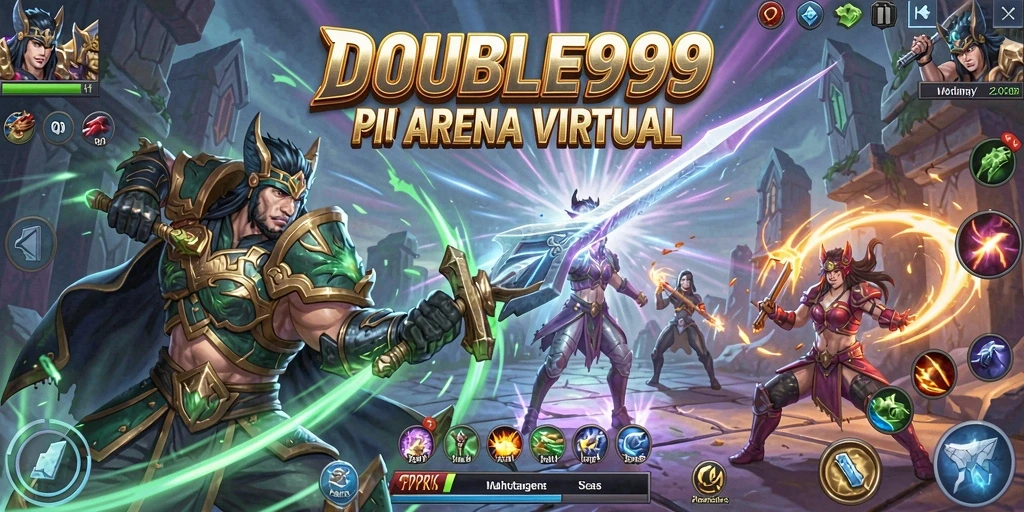 Screenshot gameplay DOUBLE999 yang menampilkan aksi pertarungan epik di arena.