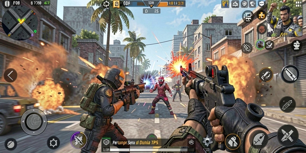 Screenshot F08 menampilkan gameplay seru dalam pertempuran TPS.