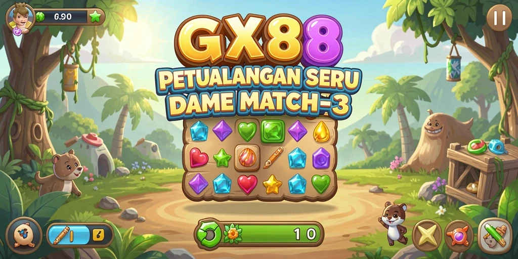 Tampilan gameplay seru GX88 dengan permata berwarna-warni.