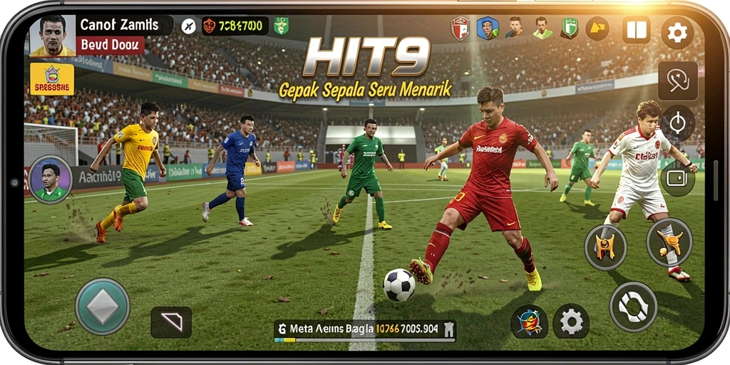 Screenshot gameplay HIT9 menampilkan aksi seru dalam permainan sepak bola.