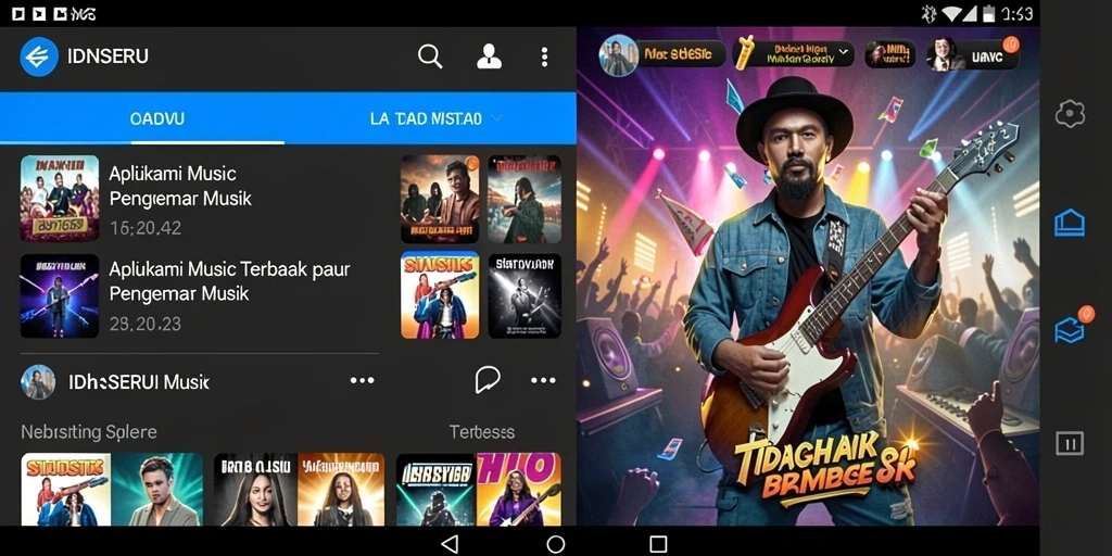 Tampilan screenshot aplikasi IDNSERU dengan antarmuka musik yang menarik.