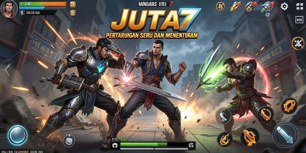 Tampilan gameplay JUTA7 yang intens dan seru saat bertarung.