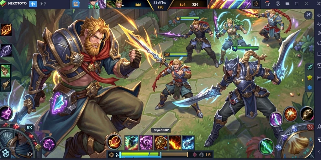 Screenshot gameplay NEKOTOTO dengan pertarungan MOBA yang seru.